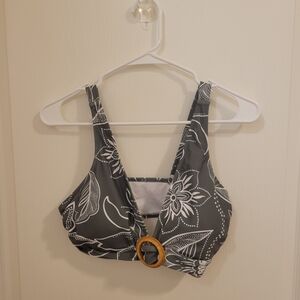 Elegant Gray Floral Bikini Top with Ring Accent